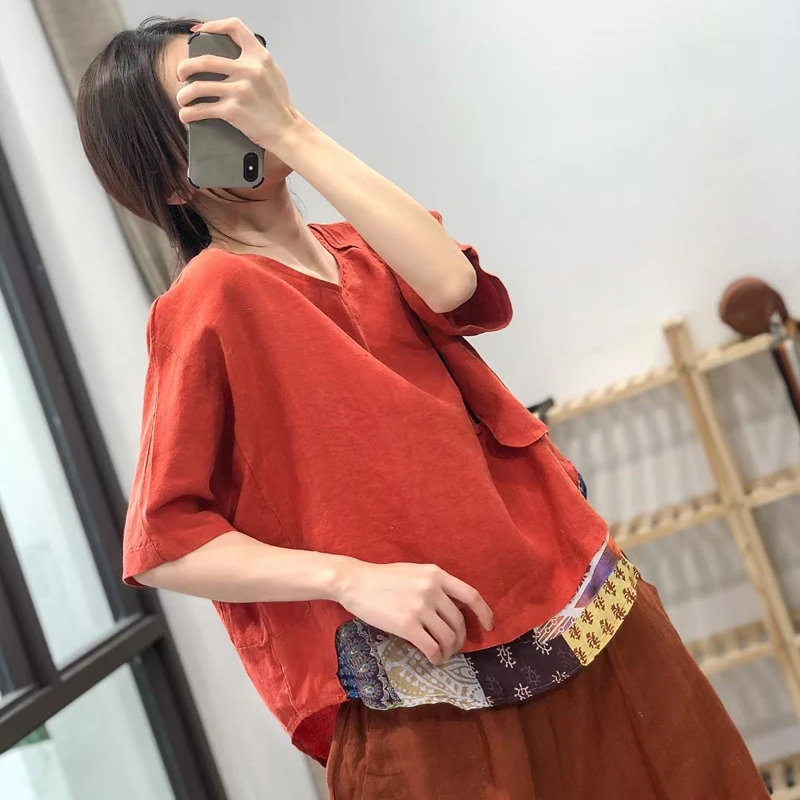 

SOUL OF TIGER Chinese Style Summer 2021 Clothing Women Yellow Linen Blouses Ladies Short Sleeve Casual Shirts Female Loose Tops