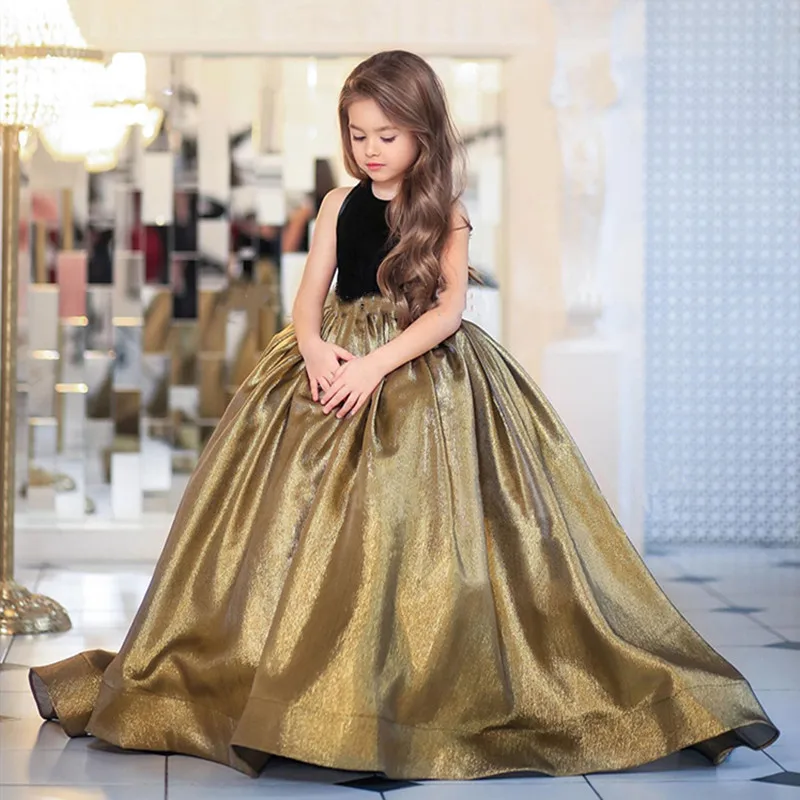 

Gold Sequined Ball Gowns Girls Dresses Sleeveless Formal Kids Party Gown Flower Girl Dresses for Weddings