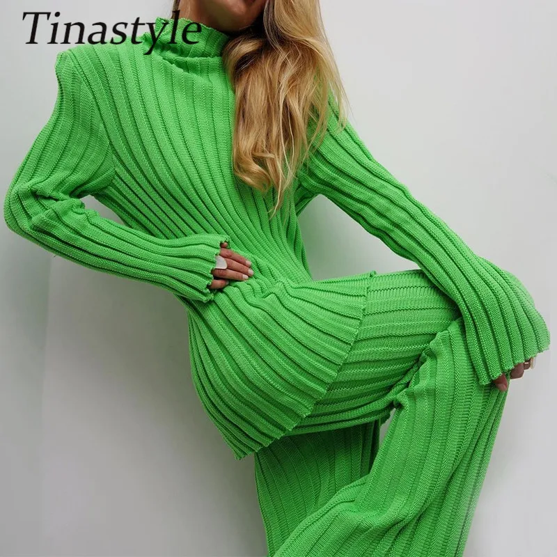 

Tinastyle Thicken Knitted Two Piece Set Autumn Winter Suit Long Sleeve High Neck Slim Shirt And High Waist Wide Leg Pants Suits