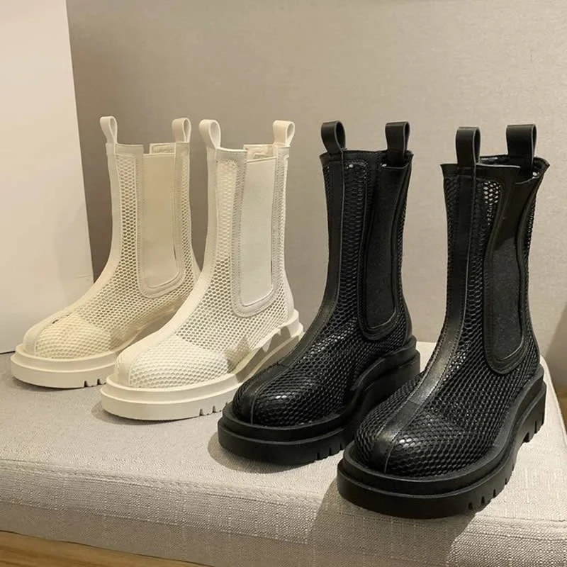 

New Luxury Chelsea Boots Women Ankle Boots Shoes For Women 2021 Spring and Autumn Thin And Breathable Mesh Cutout Martin Boots