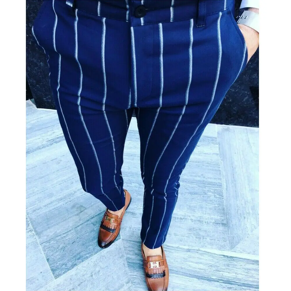 

Summer Autumn New Fashion Men Casual Slim Fit Skinny Striped Pants Business Formal Suit Dress Pants Slacks Trousers