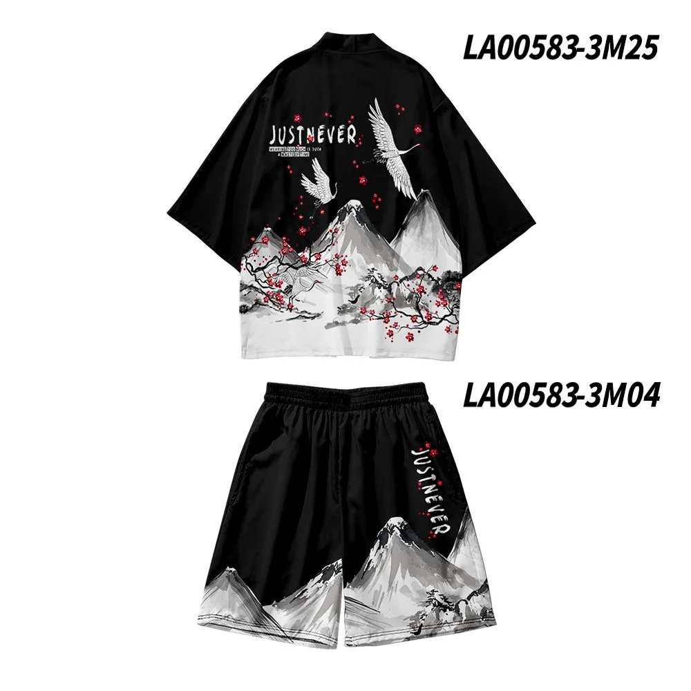 

Japanese Streetwear Loose Black Crane Print Cardigan And Shorts Set Men Harajuku Haori Kimono Cosplay Top Shirts Yukata