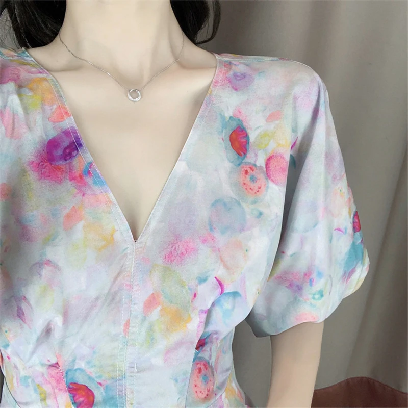 

Summer Print Floral Long Dress Women V Neck Was Thin French Dress Temperament Short Sleeve Dresses For Women 2020 Fashion