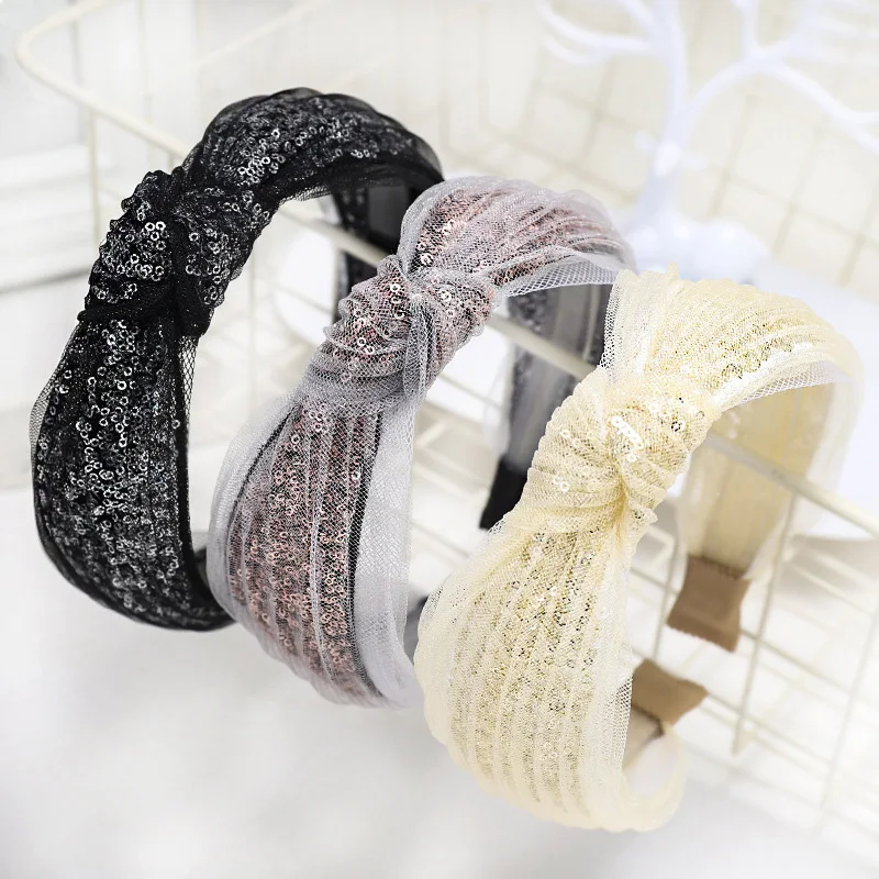 

6pcs Spring Summer Mesh Lace Headband Sequins Hair Hoop Headdress Women Korean Wide Knotted Hairband Adults Hair Accessories