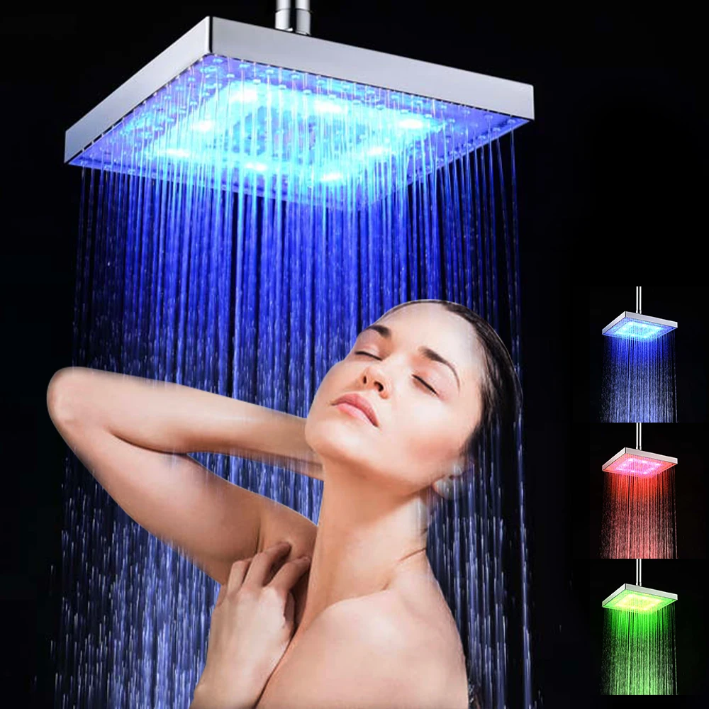 

LED Rainfall Shower Head Square Shower Sprayer Automatically RGB Color-Changing Temperature Sensor Showerhead for Bathroom Parts