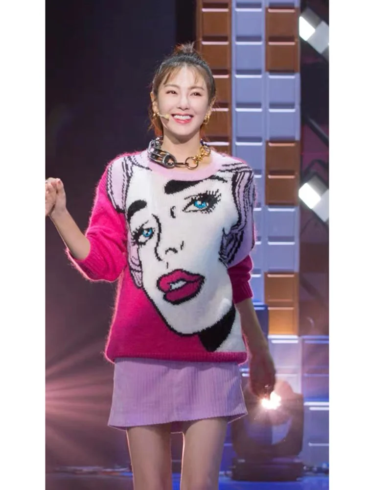 2019 Spring Oversized Sweaters Fashion Hit Color Abstract Beauty Avatar Pattern Jacquard Loose Long New Women Pullovers | Женская одежда