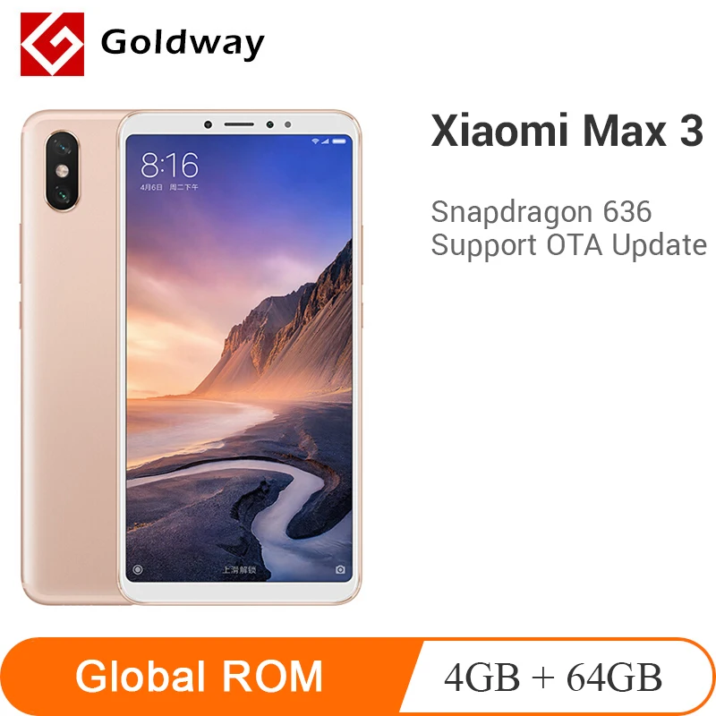 Xiaomi Mi, Макс. 3, 4 Гб ОЗУ, 64 Гб ПЗУ, мобильный телефон, 6,9 дюймов, полный экран, Восьмиядерный процессор Snapdragon 636, 5500 мАч, 12 Мп+ 5 МП, двойная камера