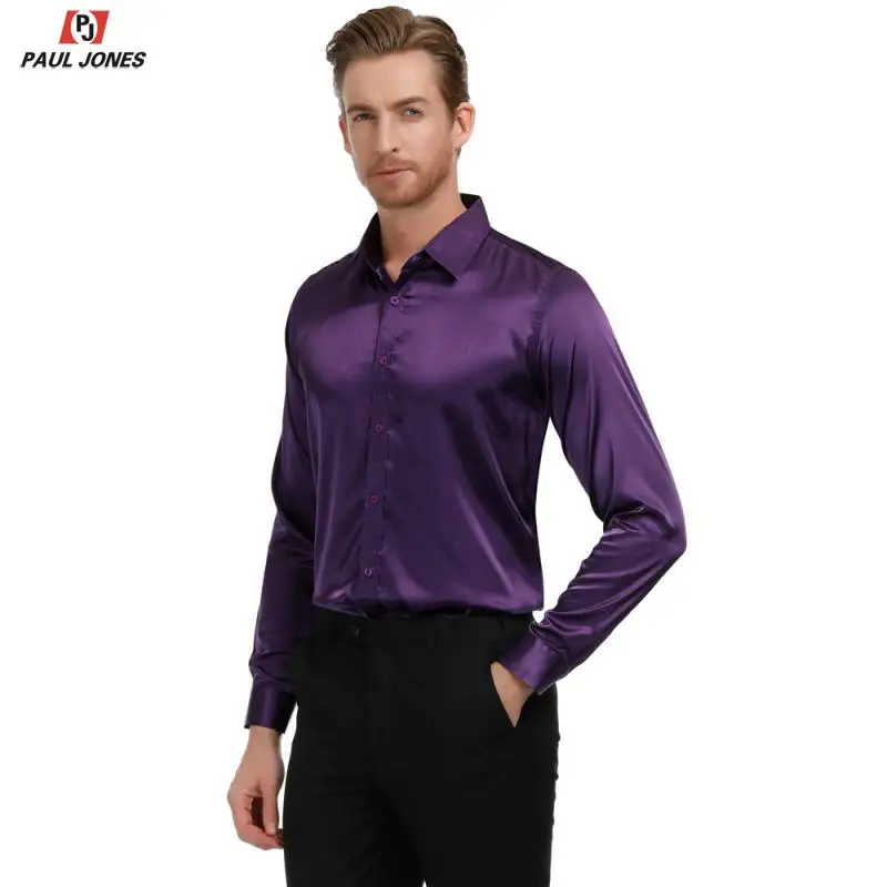 Мужская приталенная атласная рубашка PAUL JONES Однотонная с длинным рукавом