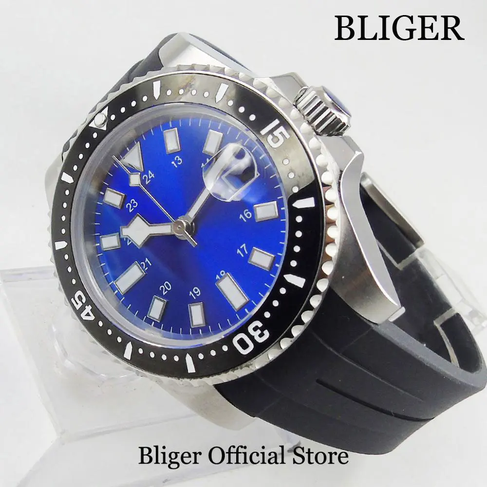 Men s Watch Blue Dial Sapphire Glass 40mm Wristwatch Auto Date Rubber Strap Rotating Bezel