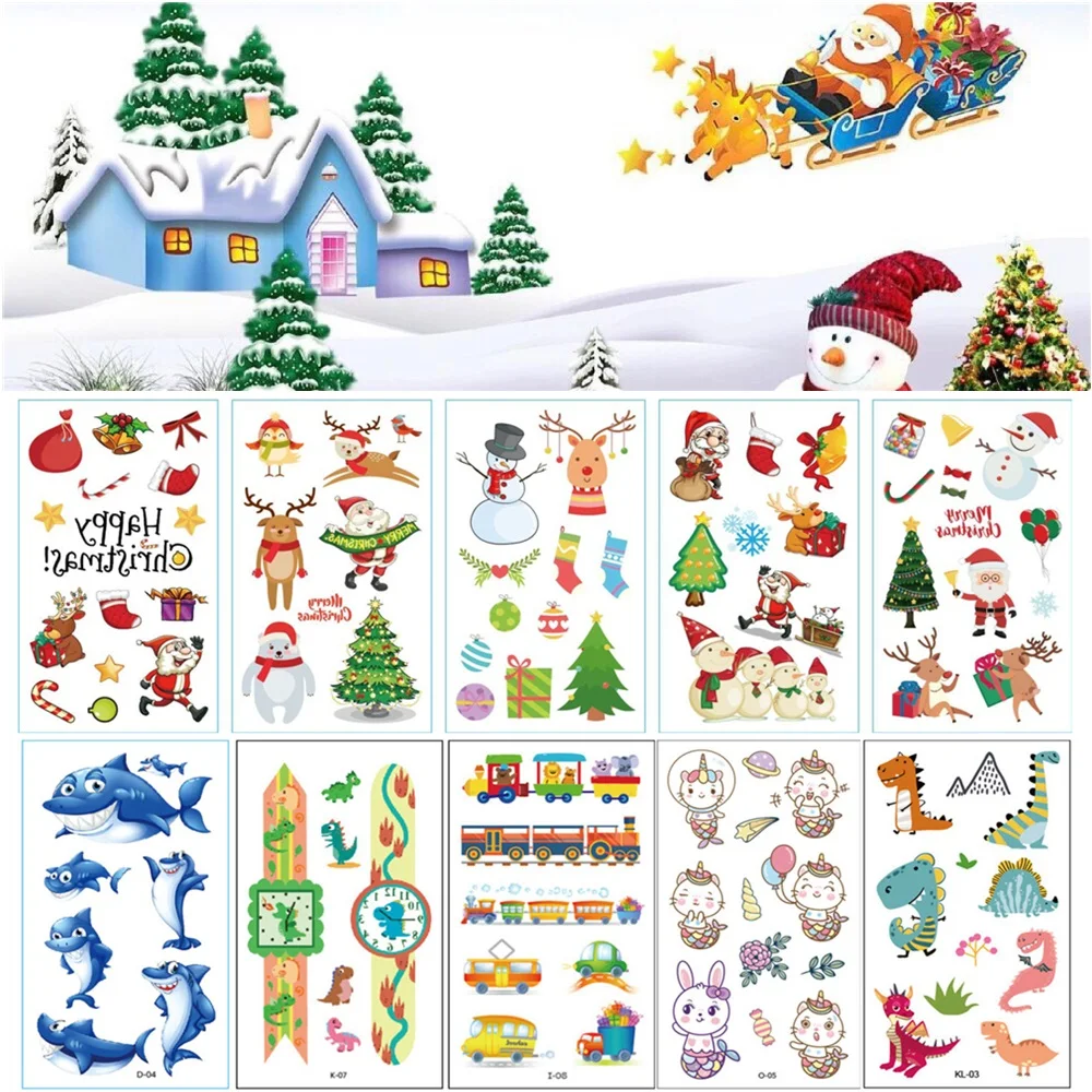 10 шт./компл. новогодние цветные Переводные татуировки для детей Мультяшные аниме