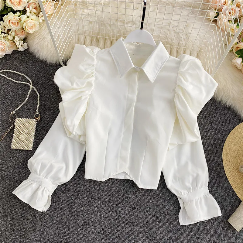 Spring and Fall New Elegant Retro Ruched Puff sleeve Shirt Women Lapel Single-breasted Long Sleeve Short Blouse Trend women's denim shirts & tops