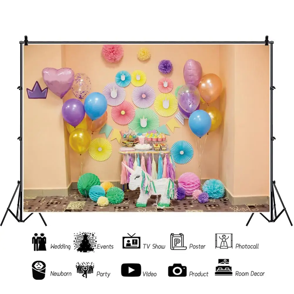 Laeacco Party Dessert Area Balloon Unicorn Simple Children Background Photo Vinyl Seamless Photography Backdrop For Studio | Электроника
