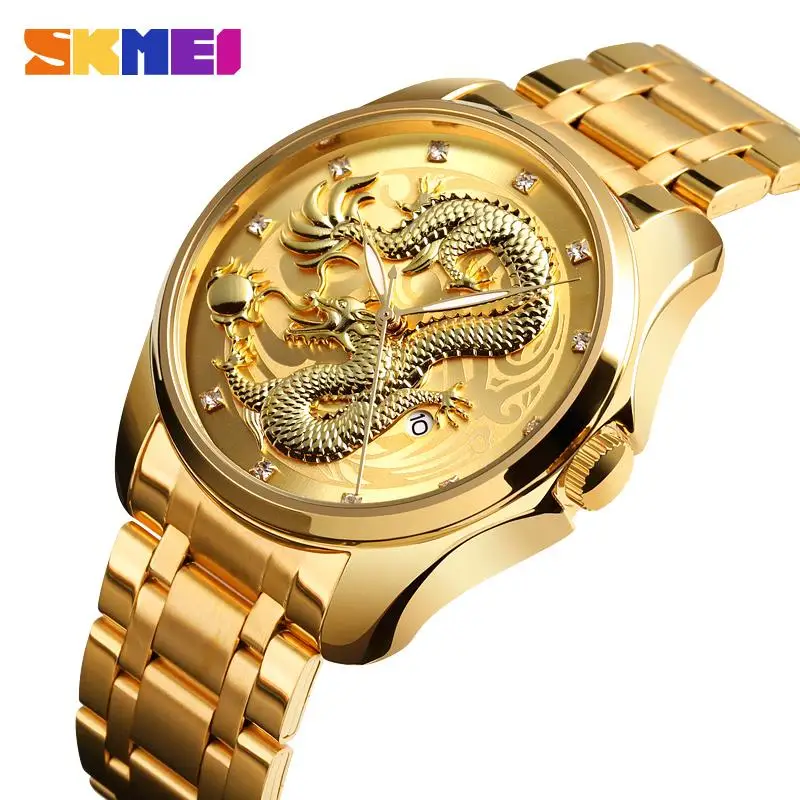 

Top Brand SKMEI Mens Watches Luxury Gold Quartz Men Watch 3Bar Waterproof Stainless Steel Strap Date Display Wristwatches 9193