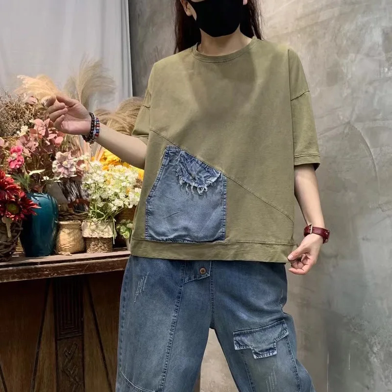 

Summer Women T-Shirt All-Match Casual Simple Vintage Thin Top Denim Pocket Patchwork O-Neck Solid Color Cotton Short Sleeve Tees