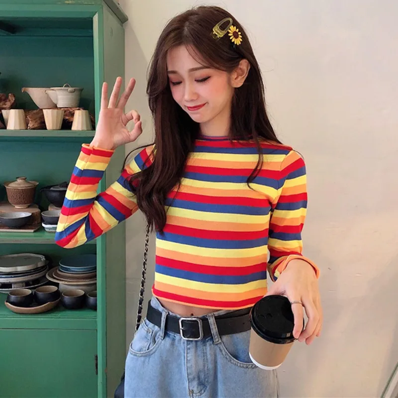 Hot Women Autumn Winter Korean Stripes print patterns which adds cool and refreshing feelings Collar Slim Bottom Knit Sweater | Женская