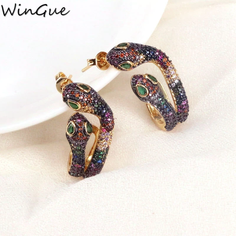 

Rainbow CZ Micro Pave Golden Metal Animal Snake Jewelry Stud Earring Trendy Wedding Jewelry Party Gift