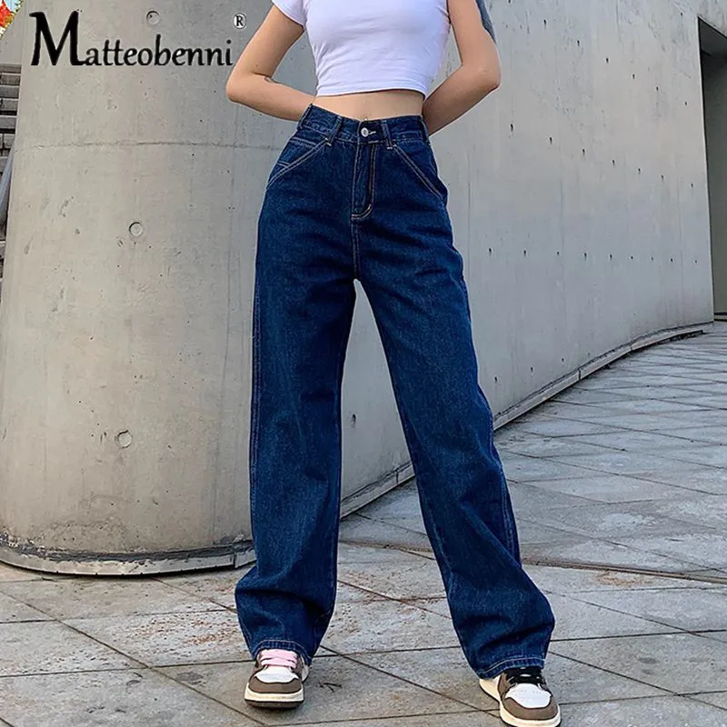 

2021 Summer Jeans Women Blue Vintage High Waist Straight Denim Trousers Simple All-match Loose Fashion Streetwear Womens Casual