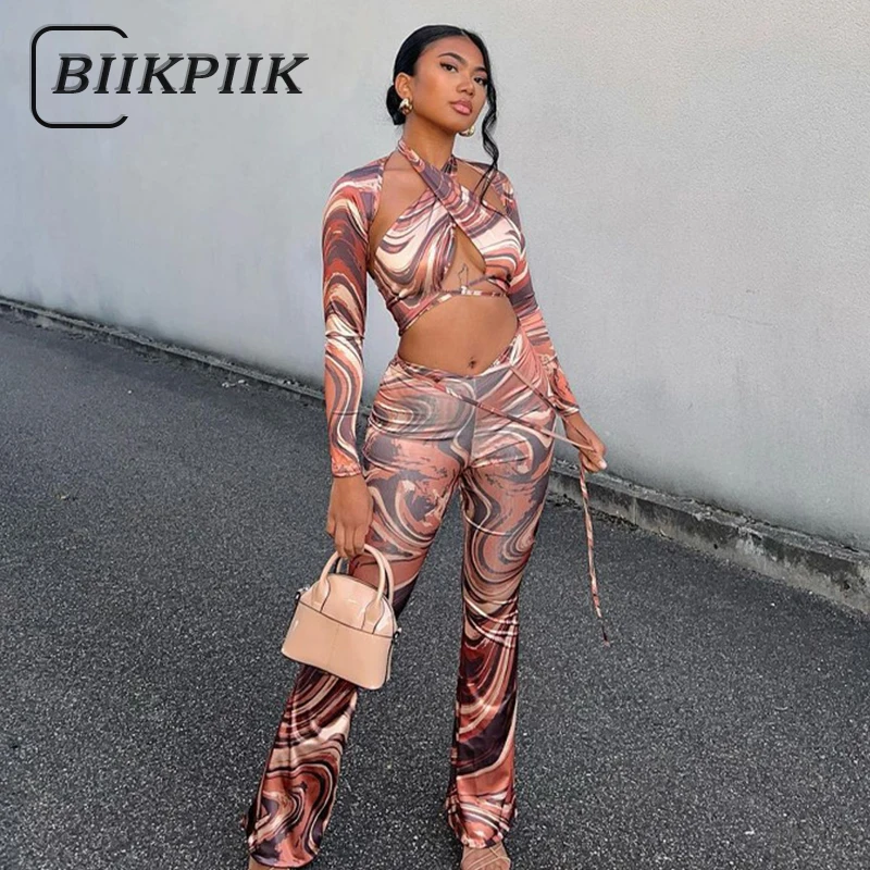 

Уличная одежда BIIKPIIK, женские комплекты из 2 предметов, винтажный принт, крестообразное фото + прямые брюки со шнуровкой, подходящие наряды