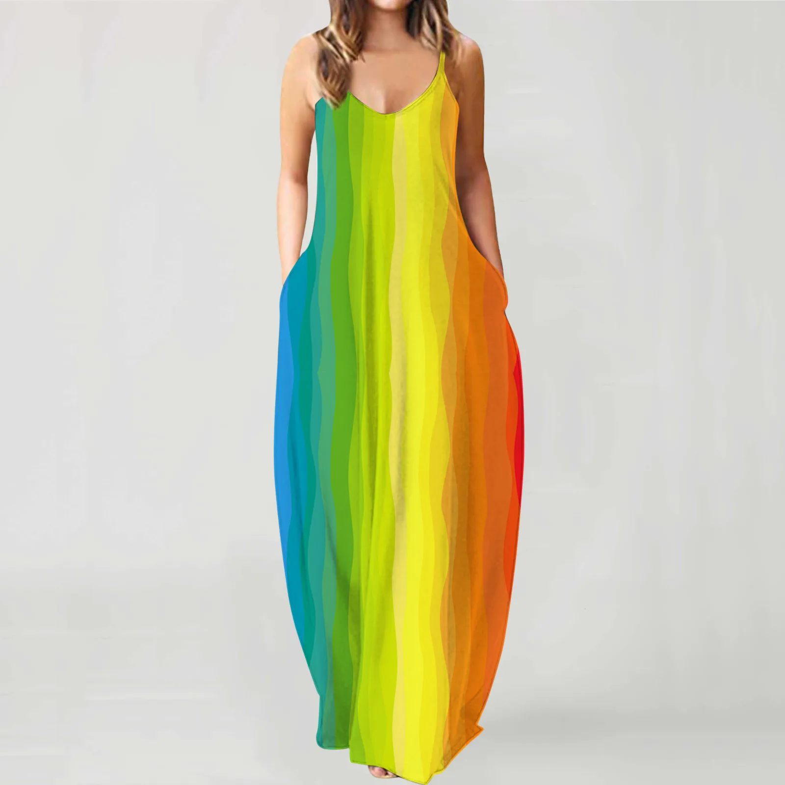 

Plus Size Women Strappy Dress Sleeveless Rainbow Long Maxi Dress