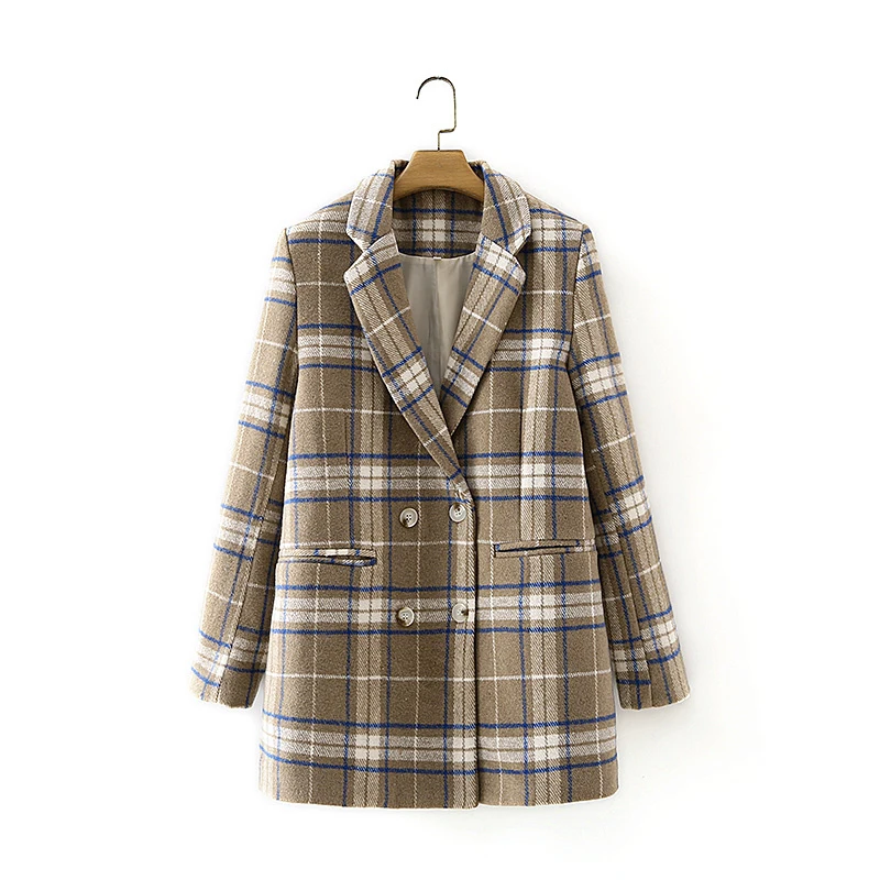 

PUWD Vintage Woman Loose Plaid Woolen Blazer Coat 2020 Fashion Ladies Autumn Warm Oversized jacket Female Double breasted Coats