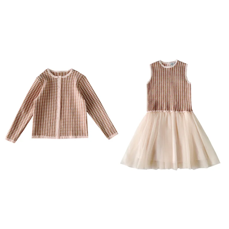 

New hondstooth knit suit, vest, mesh skirt, two-piece suit Parent-child dress, mother and women's dress, 2021 spring and autumn