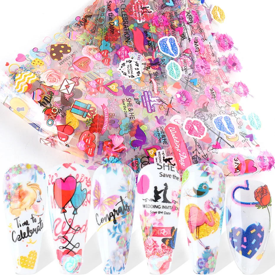 

10pcs Valentines Foil Stickers For Nail Love Sweet Heart Lips Rose Letter Romantic Sliders Transfer Full Wrap Nail Decals SA9109