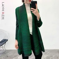 lanmrem solid color scarf collar mid length cardigan women 2020 new autumn korean loose pleated coat with belt high quality pc78