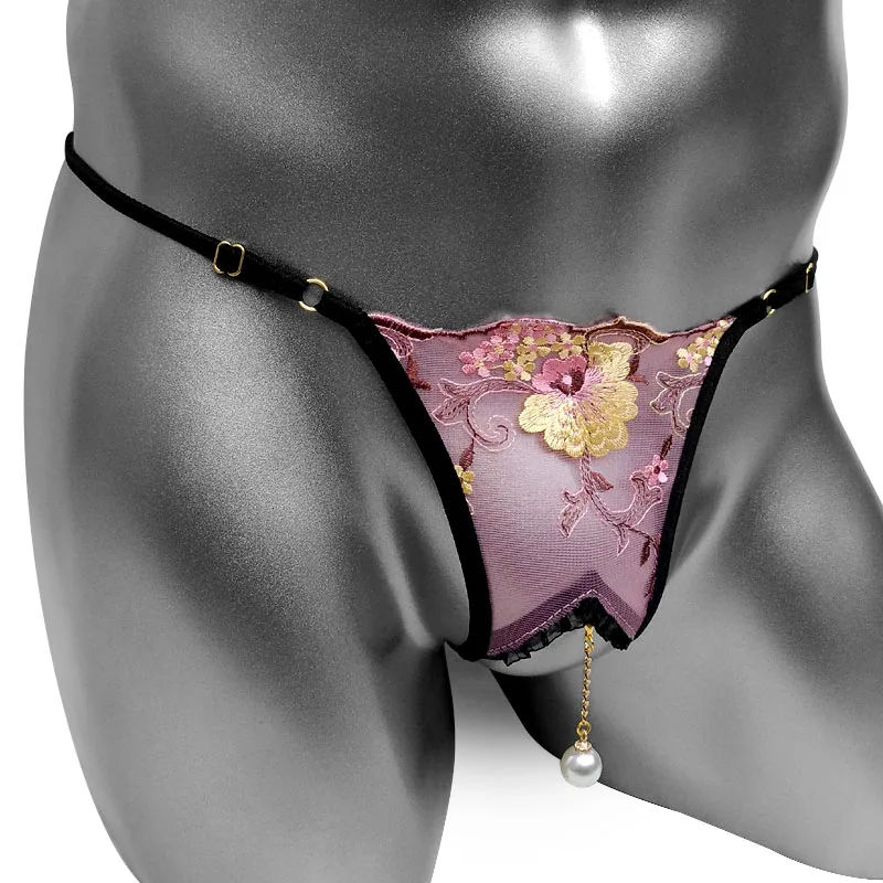 Розовые трусики-стринги с цветочной вышивкой мужские трусики открытой