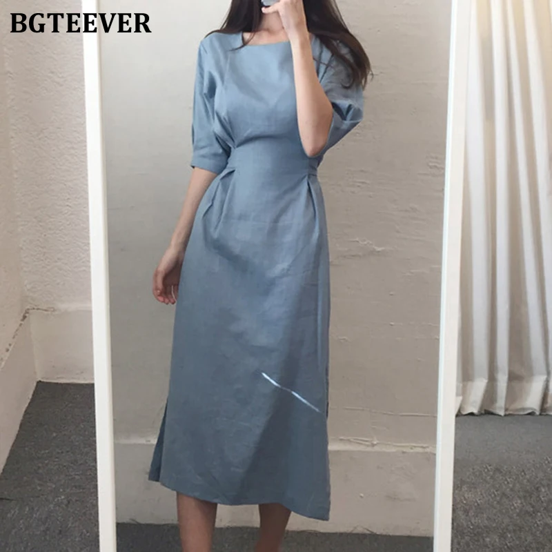 Платье BGTEEVER женское из хлопка и льна шикарное миди платье-трапеция с круглым