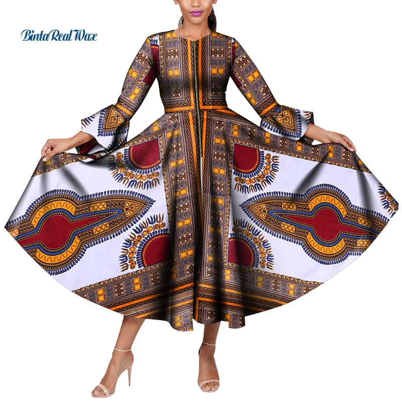 

2021 African Clothes for Women Wax Print Ankara Long Sleeve Bazin Women Dresses 1Pcs Plus Size African Women Clothing WY8812
