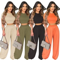 party solid color short sleeve two piece suit women office overalls round neck suits summer women casual wide leg pants s 5xl