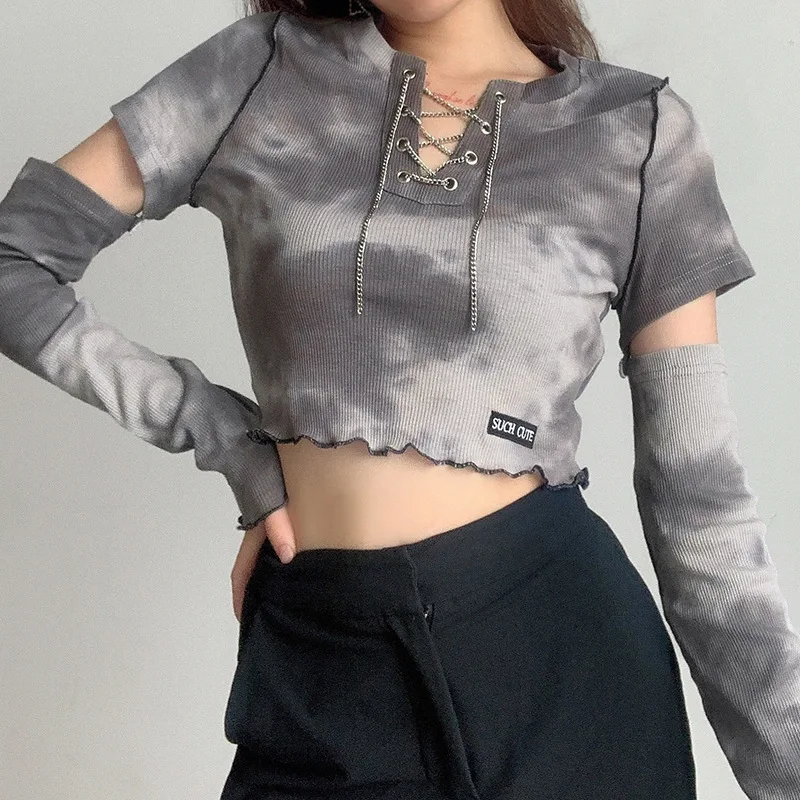 

Sexy ladies V-neck Bandage T-shirt rib knit cropped crop top fashion tie-dye printing long sleeve stitching cropped top 2020