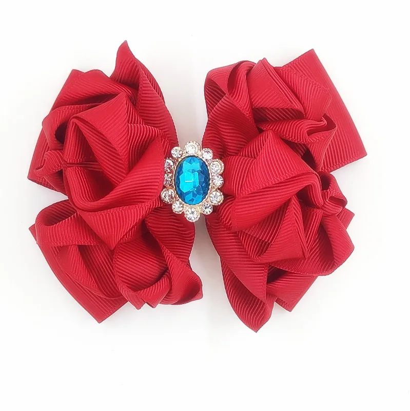 5pcs Red Grosgrain Elegant hair bow Flower Lady Rhinestone Barrettes Hairgrips French Clip | Hair Grips
