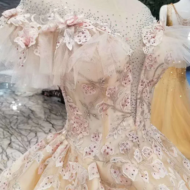 LSS182 вечернее платье цвета шампанского Длинное Пышное Платье с круглым вырезом и