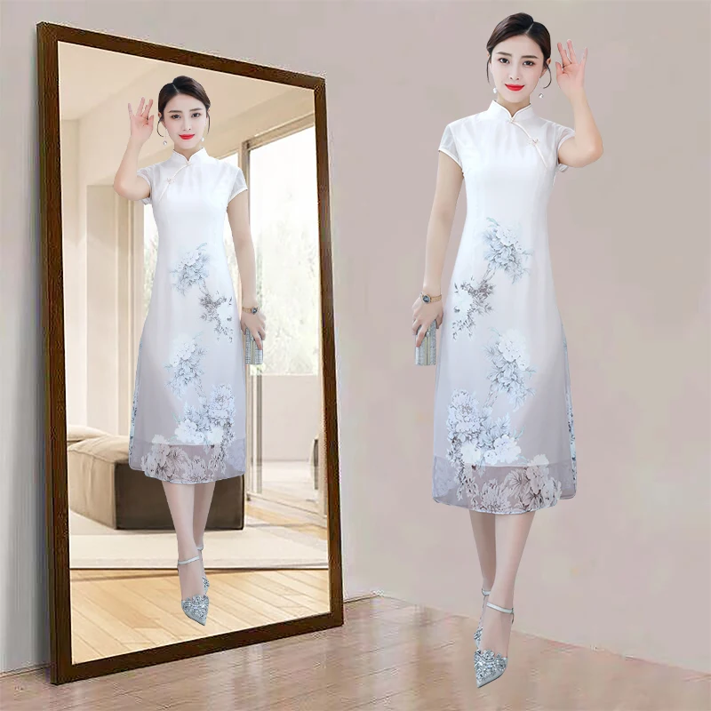 Женское длинное платье Чонсам в китайском стиле с коротким рукавом элегантное