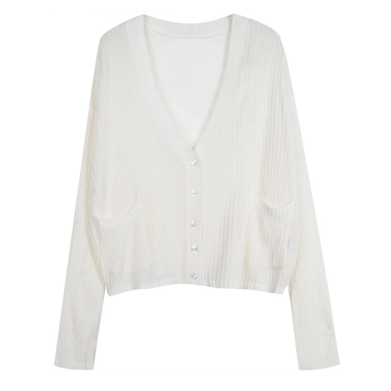 

Women Autumn Deep V Neck Long Sleeve Thin Cardigan Pocket Buttons Knitted Blouse