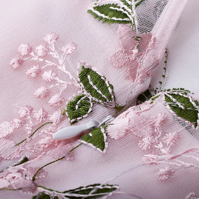 

Vintage Floral Embroidery Sheer Mesh Dress Women Clothes Pink Elegant Party Dress Ladies Chic Pleated Dresses Vestidos De Verano