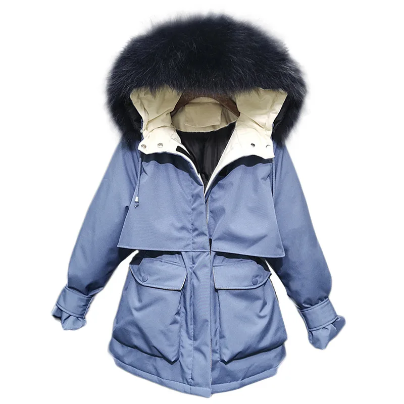 womens down jackets winter coat real raccoon fur collar short jacket white duck parkas korean tops hooded thick warm | Женская одежда