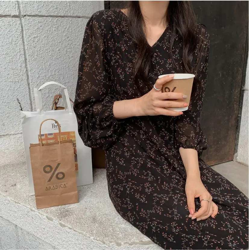 Vintage V-neck Buttons Lace-up Female Chiffon Dress Full Sleeve Midi Elegant Casual Floral Print Women 2022 | Женская одежда