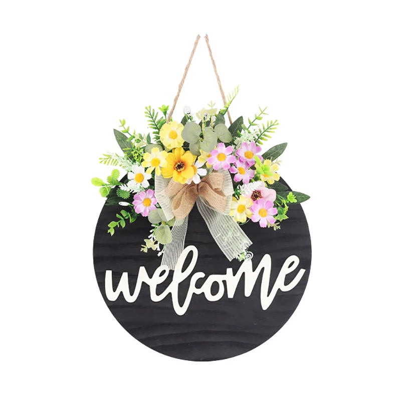 

Welcome Sign for Front Porch Round Wood Welcome Sign for Front Door Decor with Flowers Wreaths Hanging Sign for Home