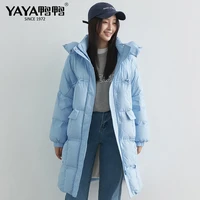 yaya 2021 womens winter white duck down jacket thick loose below knee longer warm down overcoat hood windbreak padded outerwear