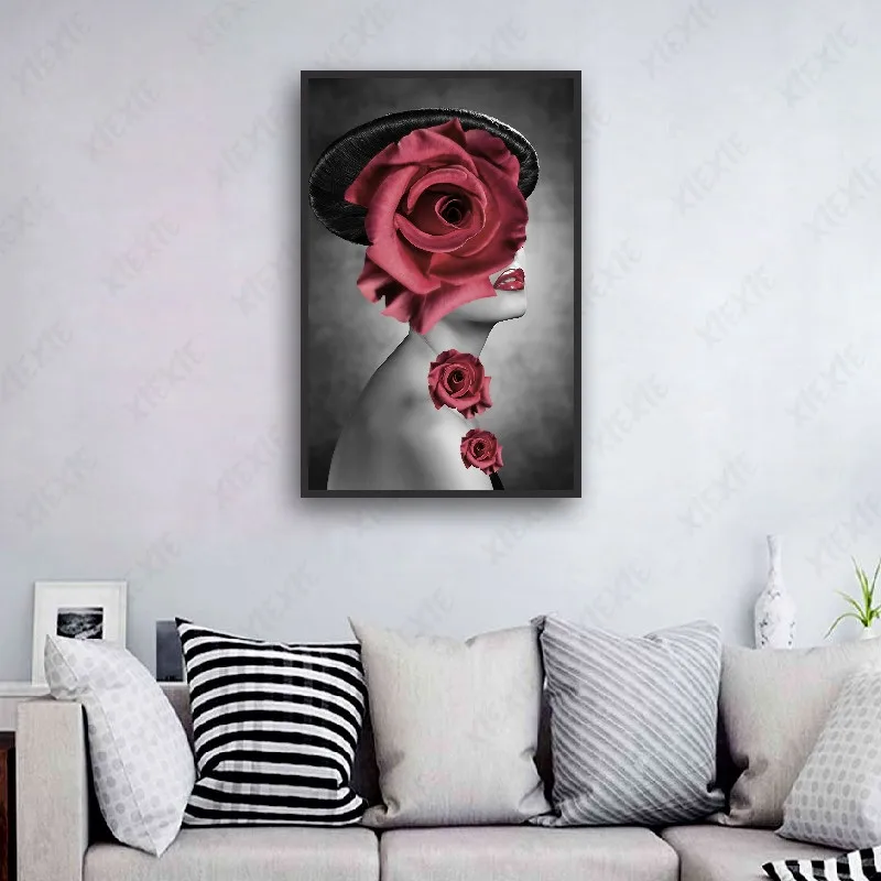 

Beautiful Demure Women with Flowers On The Head Abstract Wall Art Posters Prints Canvas Painting Living Room Corridor Decoration