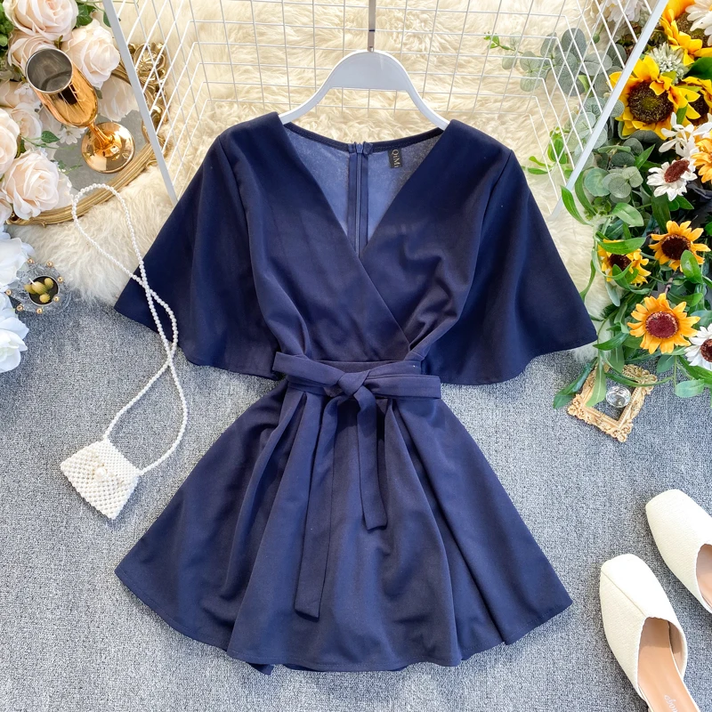 ALPHALMODA Женский Летний комбинезон с v образным вырезом и поясом сплошной цвет