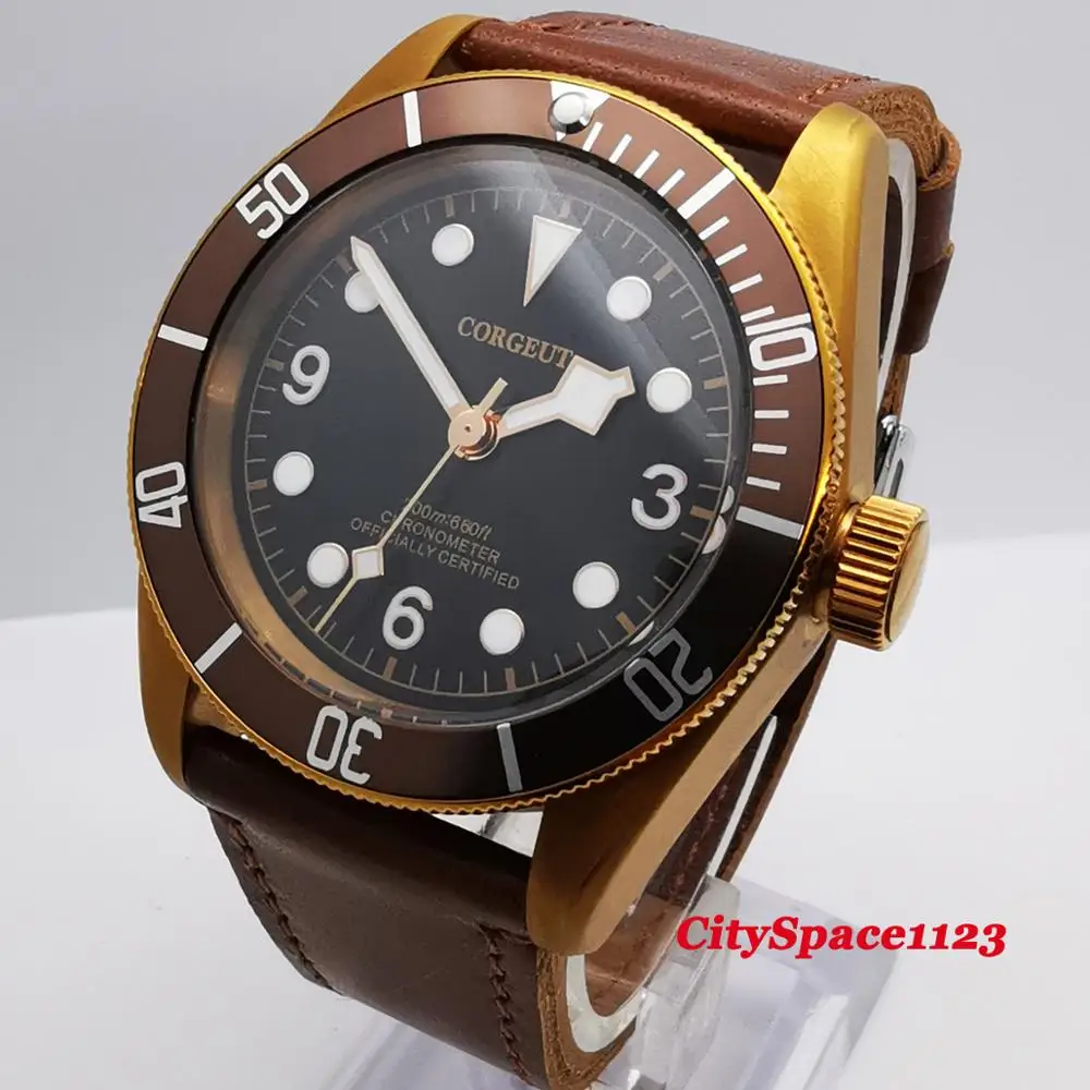 

Corgeut 41mm Brass PVD case automatic men's mechanical watch waterproof Luminous dial hands Sapphire leather