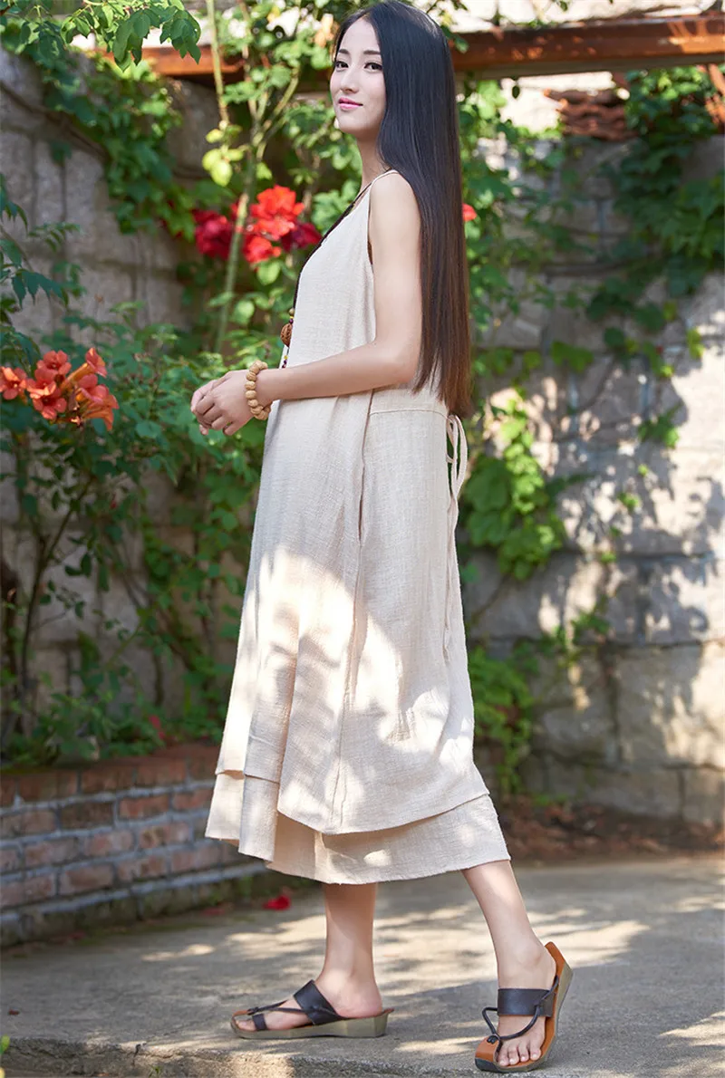 

Original Art Cotton Linen Sleeveless Dress Double Layer Inside Long Outside Short Loose Tie Zen Vest Dress Solid Color