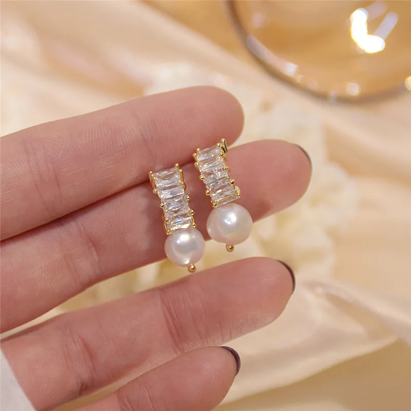 

New Fashion 14K Real Gold Freshwater Pearl Temperament Stud Earrings for Women Cubic Zircon ZC Elegant Gift Earrings