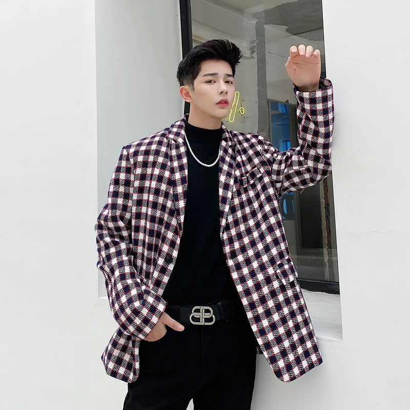 

Menswear Fashion Chic Woolen Plaid Blazers Men's New Notched Single Button Long Sleeve Suit Jacket Autumn Winter 2021 New