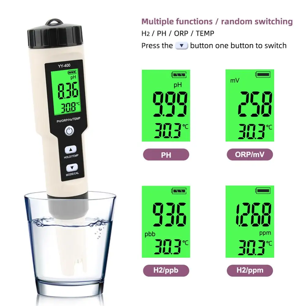

2022NEW Yieryi 4 in 1 H2/PH/ORP/TEMP Meter Digital Water Quality Monitor Tester for Pools, Drinking Water, Aquariums