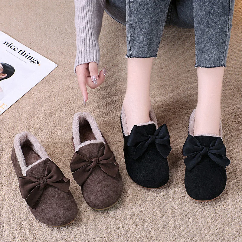 

Женские кроссовки с круглым носком, лоферы, меховой бант, без застежки, плоская подошва, повседневная обувь с бабочками, Осень-зима