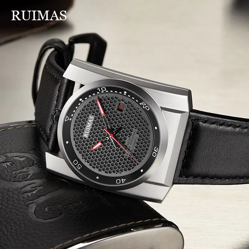 RUIMAS Top Brand Luxury Unisex Watch Men Auto Mechanical mesh Dial leather Strap Fashion Royal Wristwatch HIP HOP Male Clock | Наручные